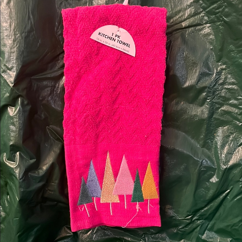 Helix Pink Kitchen Towel with Colorful Tree Design